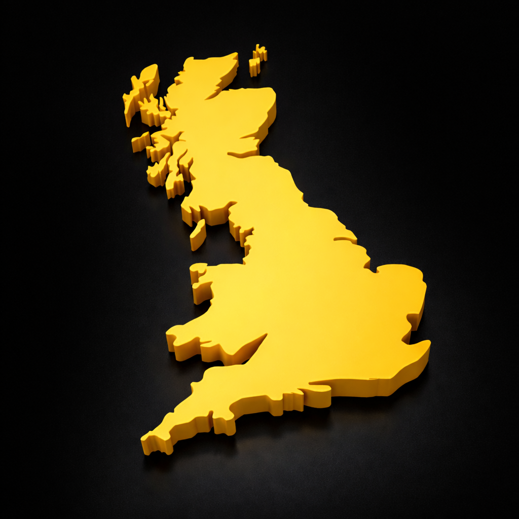 Yellow 3D map of Scotland on black background