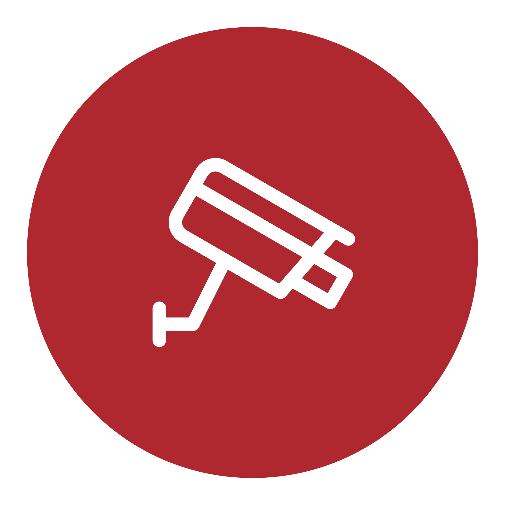 Señal de advertencia con un icono de una pistola en color blanco sobre fondo rojo cóncavo y borde blanco.