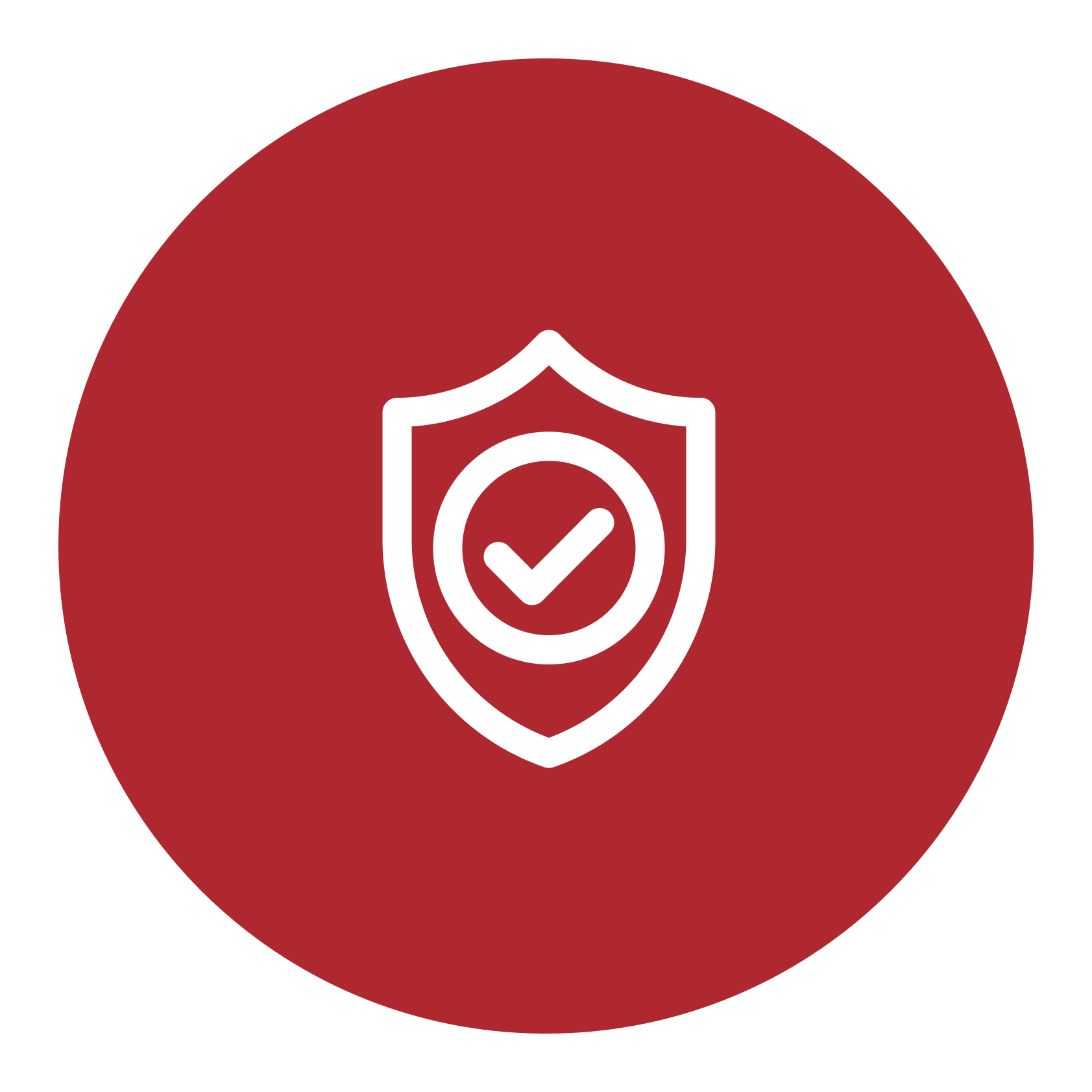 Icono de escudo con marca de verificación dentro en un fondo rojo, rodeado por un borde blanco y negro.
