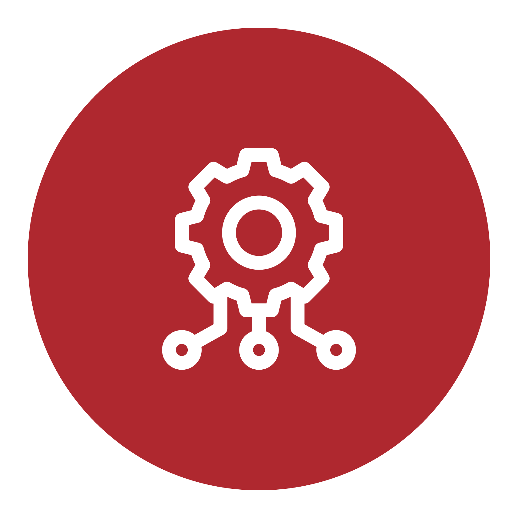 Icono de engranaje y circuito electrónico en un círculo rojo con borde blanco.