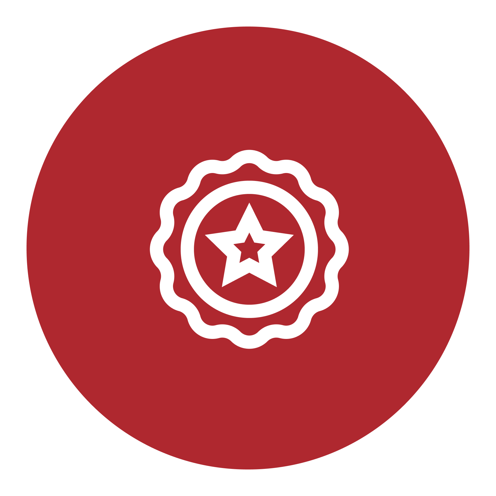 Escudo de armas con círculo rojo, borde blanco, y una estrella blanca en el centro rodeada por un diseño decorativo, similar a una medalla o distintivo.