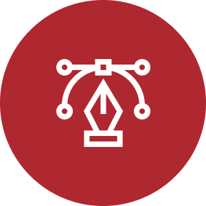 Icono digital de un bolígrafo y una herramienta de diseño gráfico, en un círculo rojo