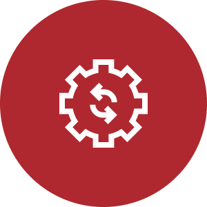 Ícono de engranaje con flecha circular, en fondo rojo.