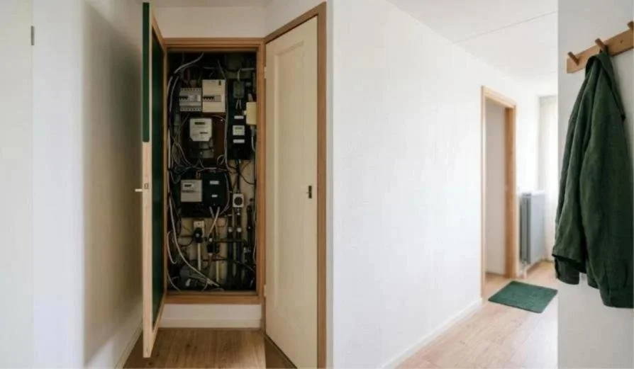 Krappe meterkast in de smalle hal van een appartement, met weinig ruimte voor een thuisbatterij
