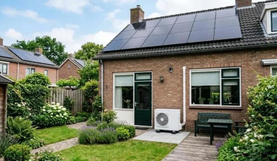 Buitenunit van een hybride warmtepomp in de achtertuin van een Nederlands rijtjeshuis met zonnepanelen