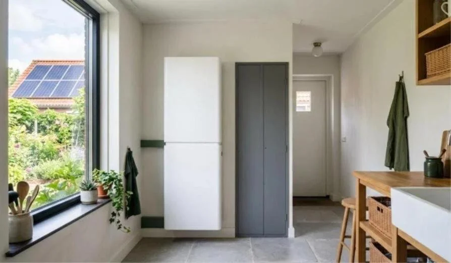 Witte thuisbatterij van twee modules in een Nederlandse bijkeuken naast de meterkast