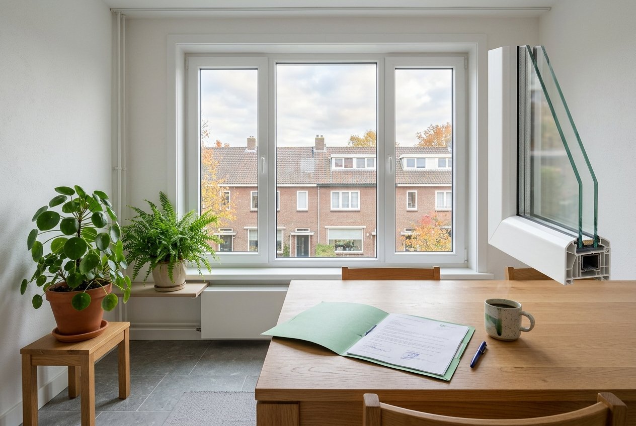 Nieuw wit kunststof kozijn met triple glas in een Nederlandse rijtjeswoning, met een getekende offerte op tafel