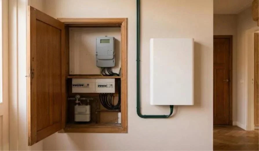 Meterkast met slimme meter naast een witte thuisbatterij aan de muur