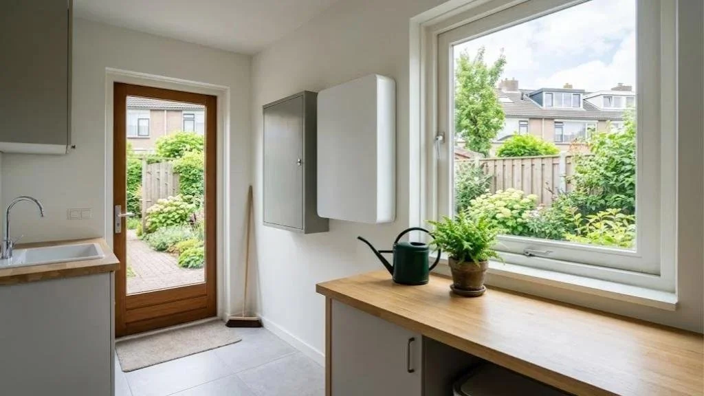 Witte thuisbatterij van 15 kWh aan de muur van een Nederlandse bijkeuken, naast de meterkast