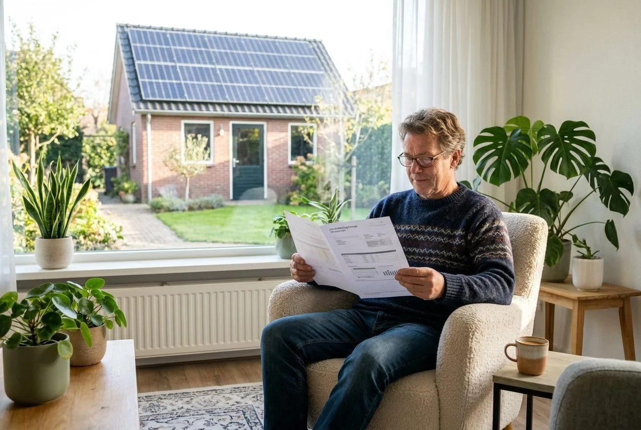 Terugleverkosten Greenchoice 2027: man leest zijn jaarafrekening bij het raam, met zonnepanelen op de schuur (AI-illustratie)