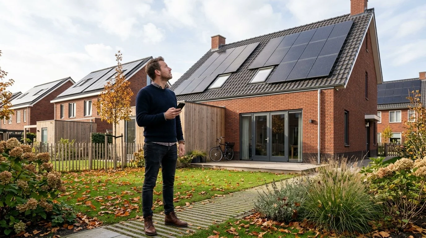 Terugleverkosten Oxxio 2027: man in de achtertuin kijkt naar de zonnepanelen op zijn nieuwbouwhuis (AI-illustratie)
