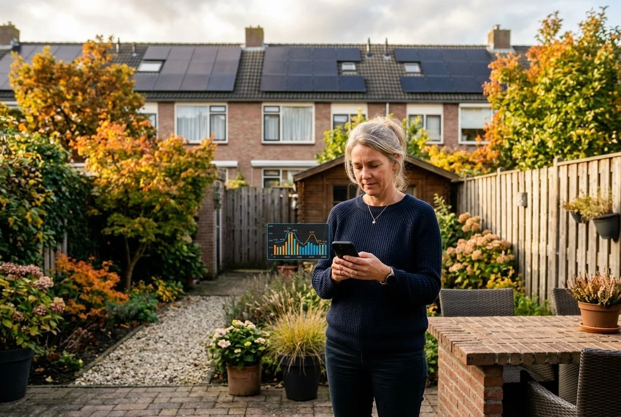 Terugleverkosten ANWB Energie 2027: vrouw in de achtertuin kijkt naar wisselende stroomprijzen per uur (AI-illustratie)