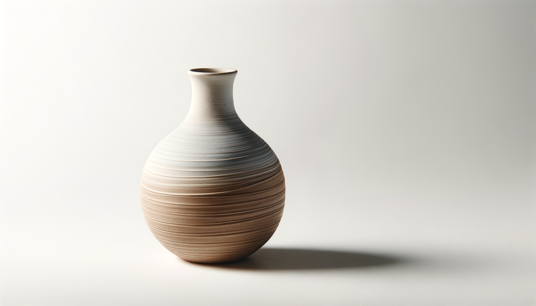 Eine moderne, langlebige Keramikvase mit horizontalen Linien in neutralen Tönen, platziert auf einer hellen Oberfläche vor einem hellen Hintergrund.