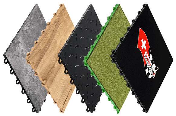 Five different types of garage flooring tiles arranged in a row, including ribtrax, ribtrax smooth, viniltrax, diamondtrax and marbletax