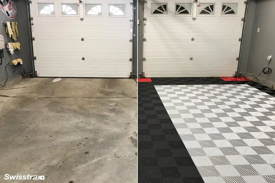 Comparison of a garage floor before and after swisstrax floor installation. Left side shows dirty concrete floor, right side shows clean, patterned swisstrax floor.