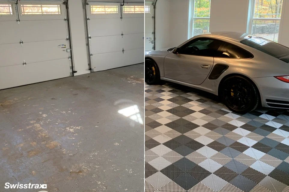 Comparison of an empty, epoxy garage floor on the left and a clean, finished garage with a silver sports car on a black-and-white checkered swisstrax floor on the right.