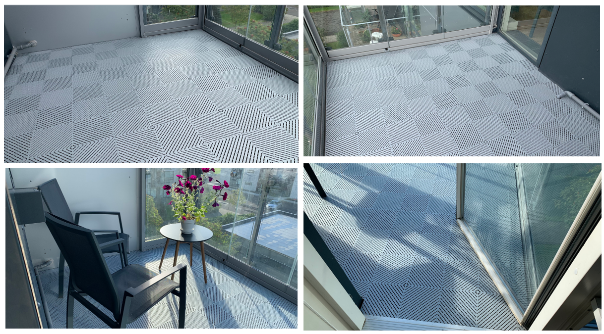 Four images of a small balcony with glass walls, swisstrax flooring, and a corner with a chair, table, and potted plant.