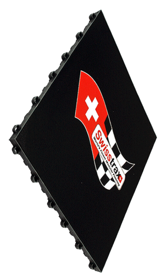 A black swisstrax plastic tile with a printed logo
