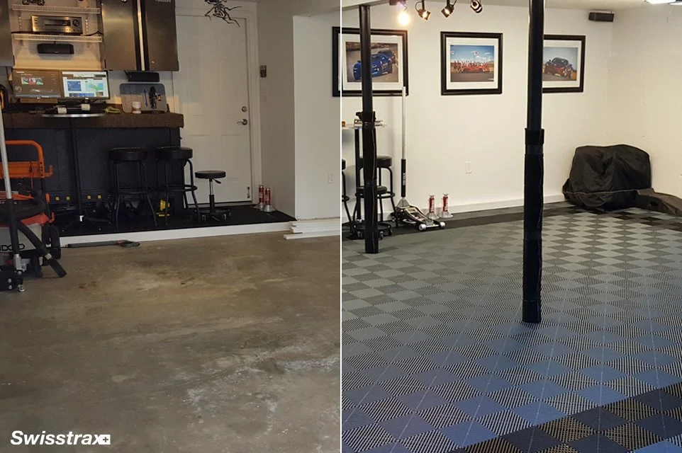 Side-by-side comparison of a garage transformation: on the left, concrete epoxy floor; on the right, a finished, patterned swisstrax flooring with framed pictures on the wall.