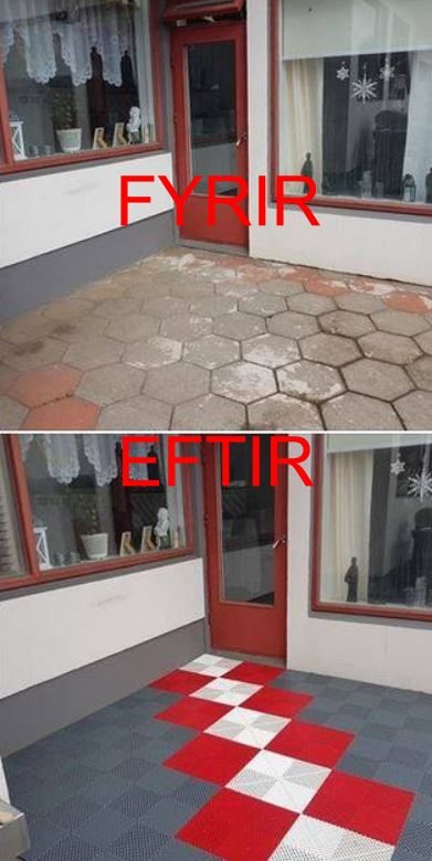 Before and after images of a patio with swisstrax tile floor. The top shows a worn, uneven concrete surface, while the bottom shows a newly renovated patio with a patterned red, white, and gray swisstrax tile floor.