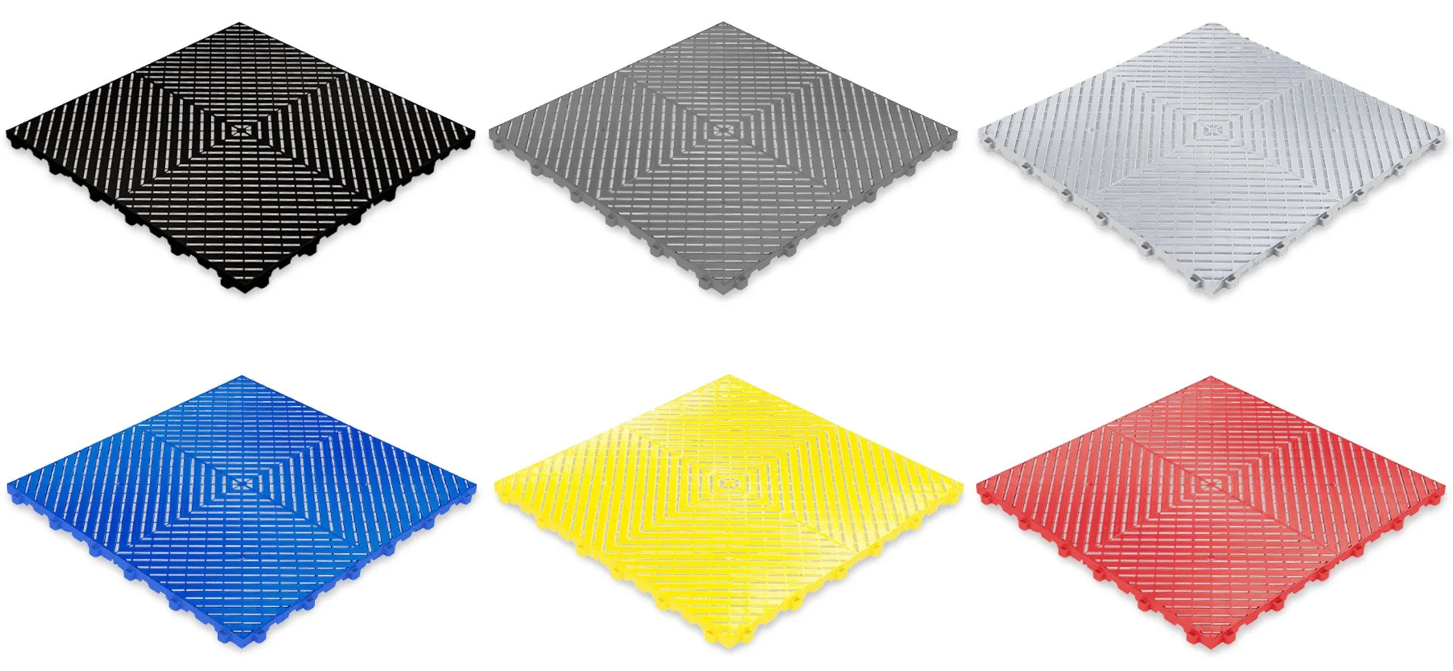 Six plastic swisstrax floor tiles in black, gray, silver, blue, yellow, and red, each with a geometric pattern of concentric squares.
