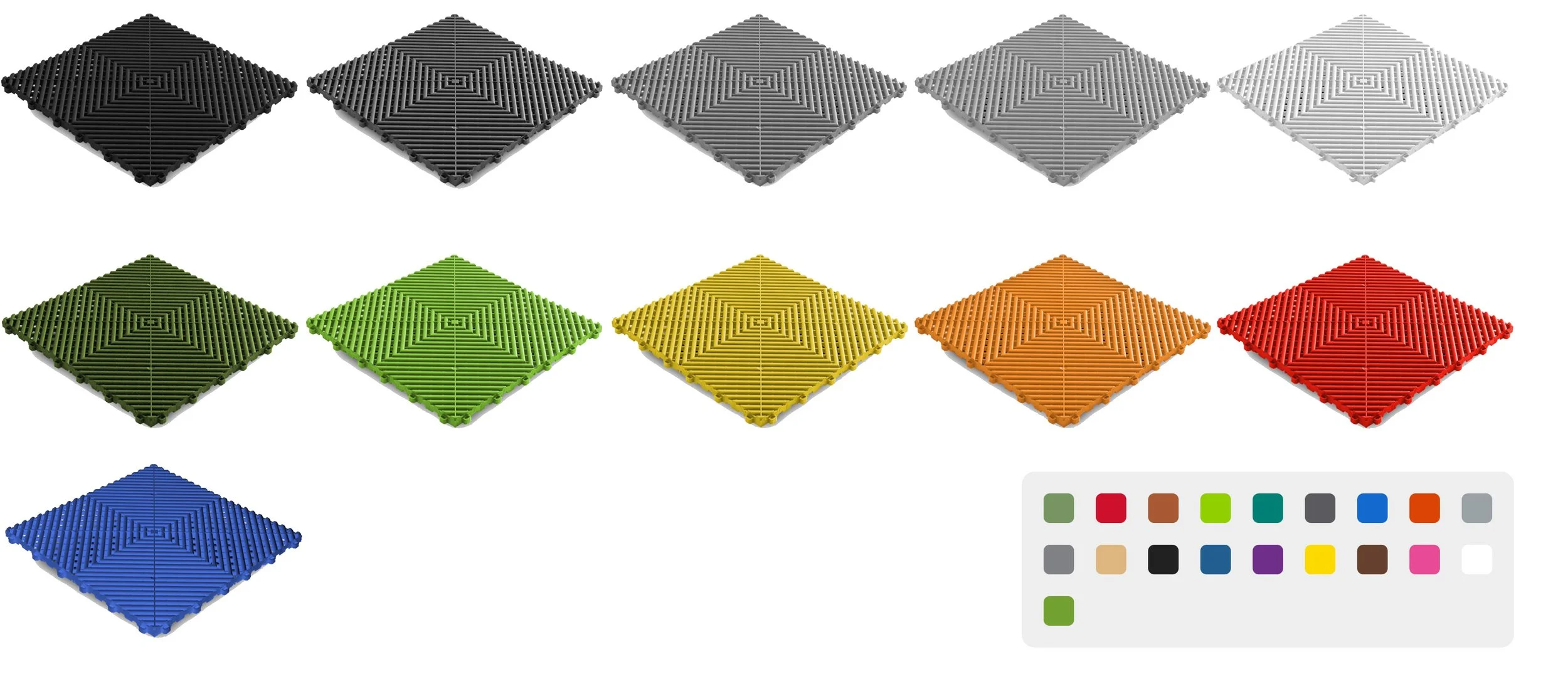 A collection of colorful interlocking plastic tiles arranged in three rows. The tiles are in black, gray, white, green, yellow, orange, red, and blue, with a grid pattern and concentric square design. A color key shows the colors included.