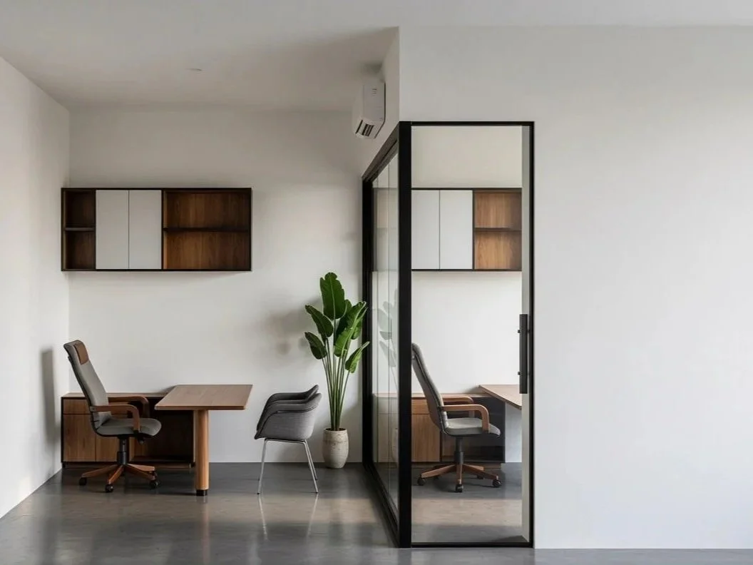 Modern office with two desks, office chairs, wall-mounted cabinet, potted plant, and glass partition.