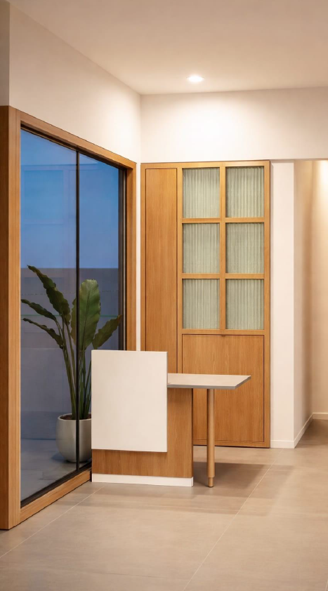 Modern interior with sliding glass door, wooden cabinetry with glass panels, a potted plant, and a small white table.