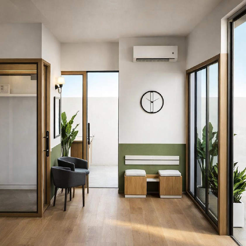 Modern interior space with wooden flooring, a wall clock, green and white wall, two cushioned benches, and large sliding glass doors with potted plants outside.
