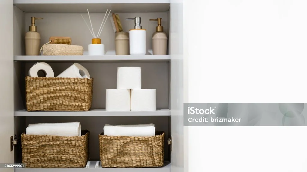 Bathroom cabinet with shelves holding wicker baskets, toilet paper rolls, lotion dispensers, a small brush, and a reed diffuser.
