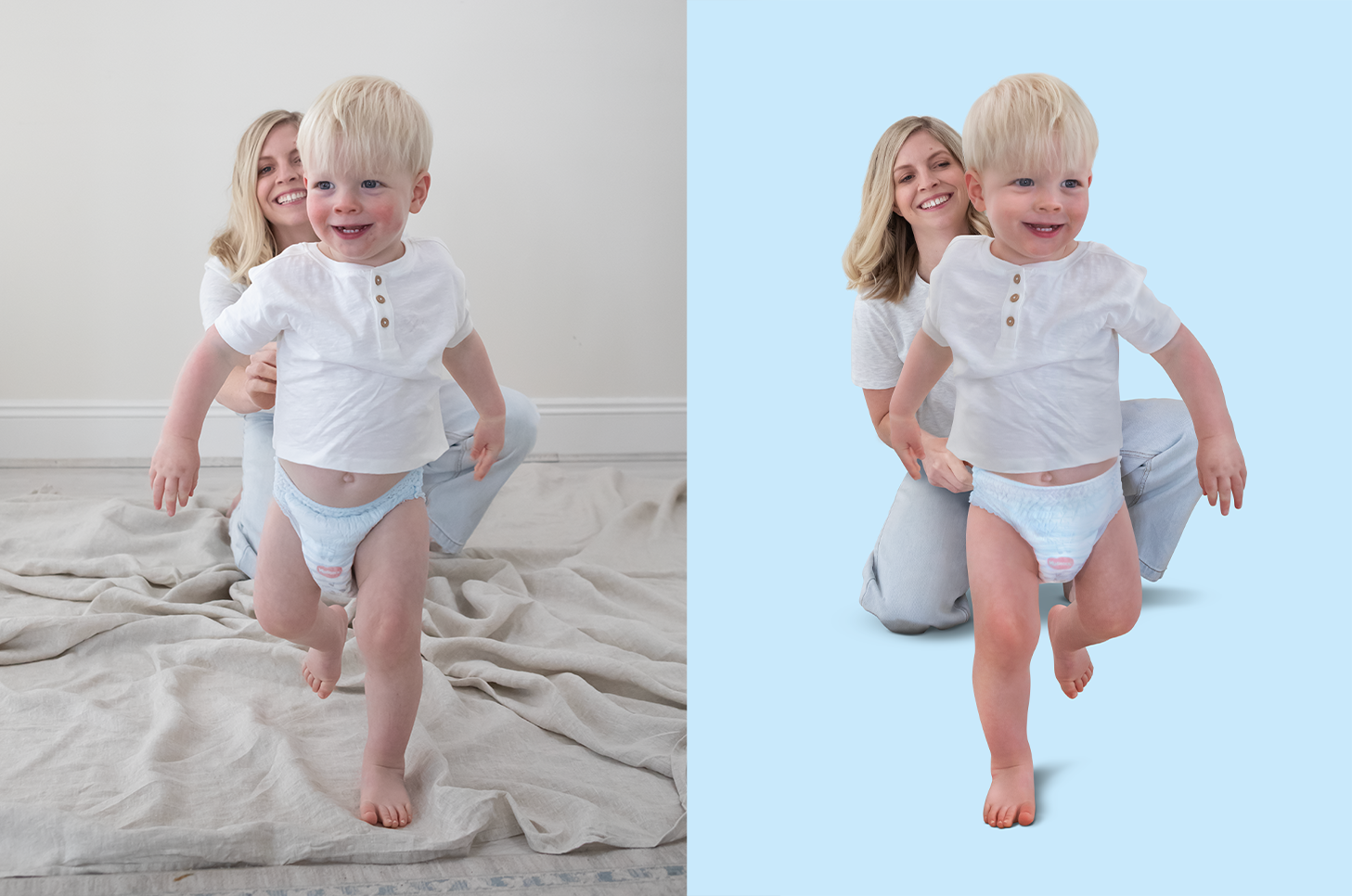 A smiling woman with blonde hair playing with a young blonde-haired boy on a beige sheet, against a plain light-colored wall. The image is split into two versions, one showing the original scene and the other with a light blue background. The boy appears to be running or jumping happily, wearing a white shirt and diaper.