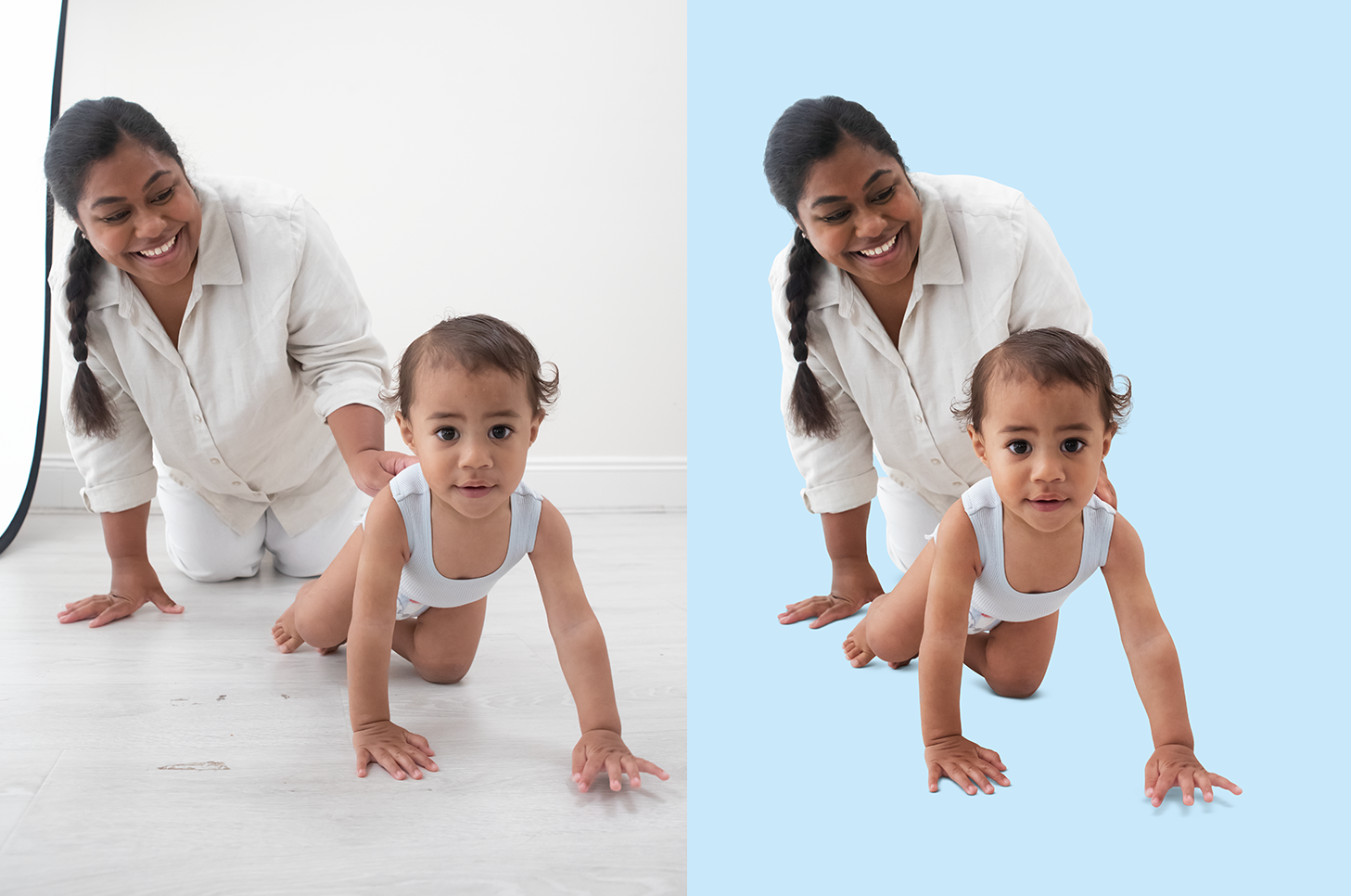 Side-by-side comparison of a woman and a toddler crawling on the floor. The left side shows a real environment; the right side features a solid light blue background.