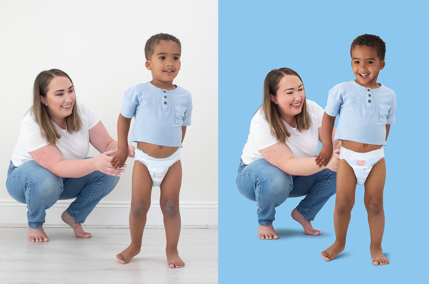 Side-by-side comparison of a woman and a young boy. The woman with light skin and blonde hair squats on the left, smiling at the boy. The boy with darker skin and curly hair stands and smiles, wearing a light blue shirt and disposable diaper. The left side has a plain white background, and the right side has a solid blue background.