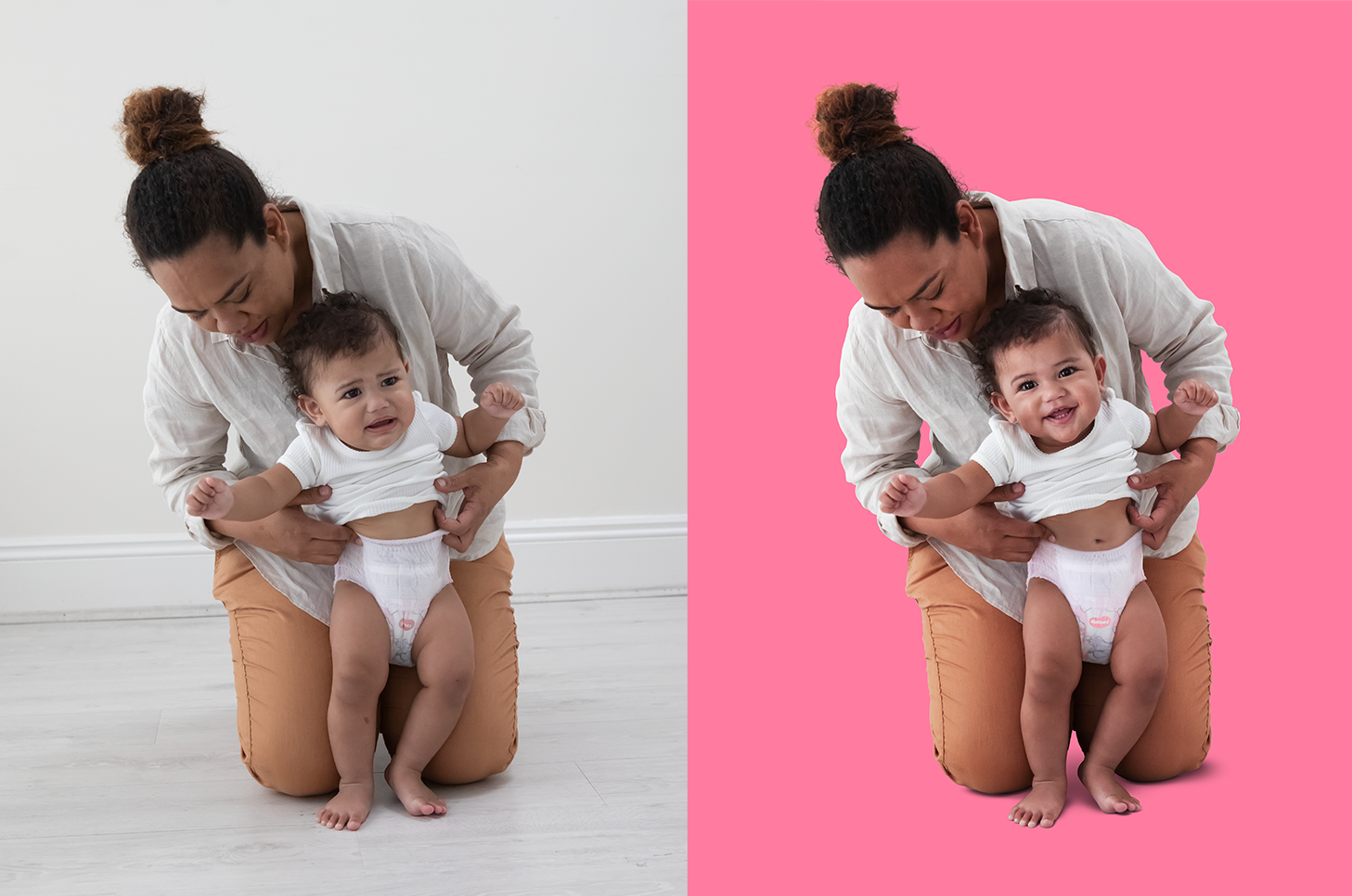 Photo of a woman kneeling on the floor holding a crying toddler in front of her. The left side has a plain white background, and the right side has a bright pink background.
