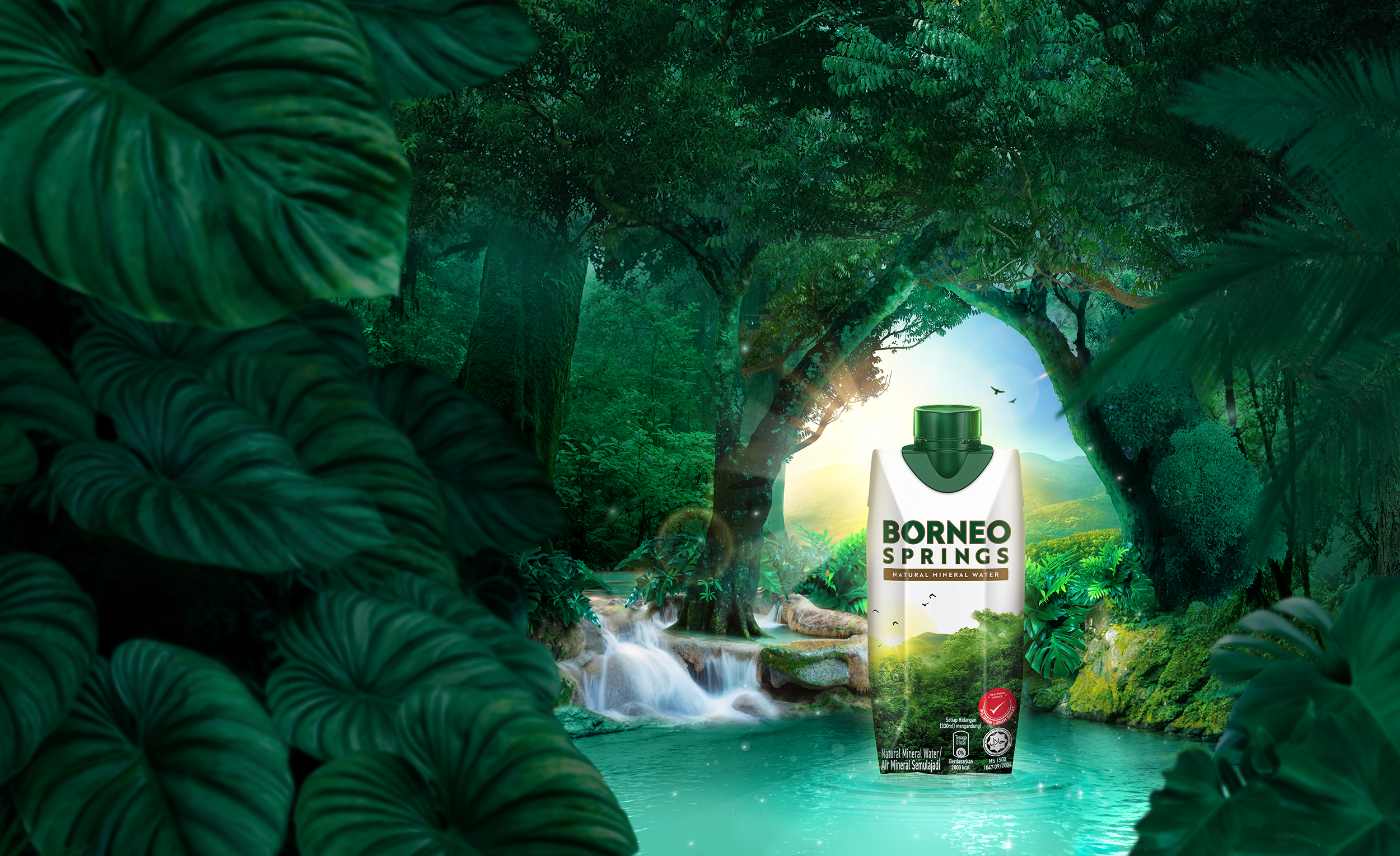 A digital image of a lush tropical forest with tall trees and a flowing river. In the foreground, large green leaves frame the view. A bottle of Borneo Springs natural mineral water is in the center with a scenic nature illustration and the brand name visible.