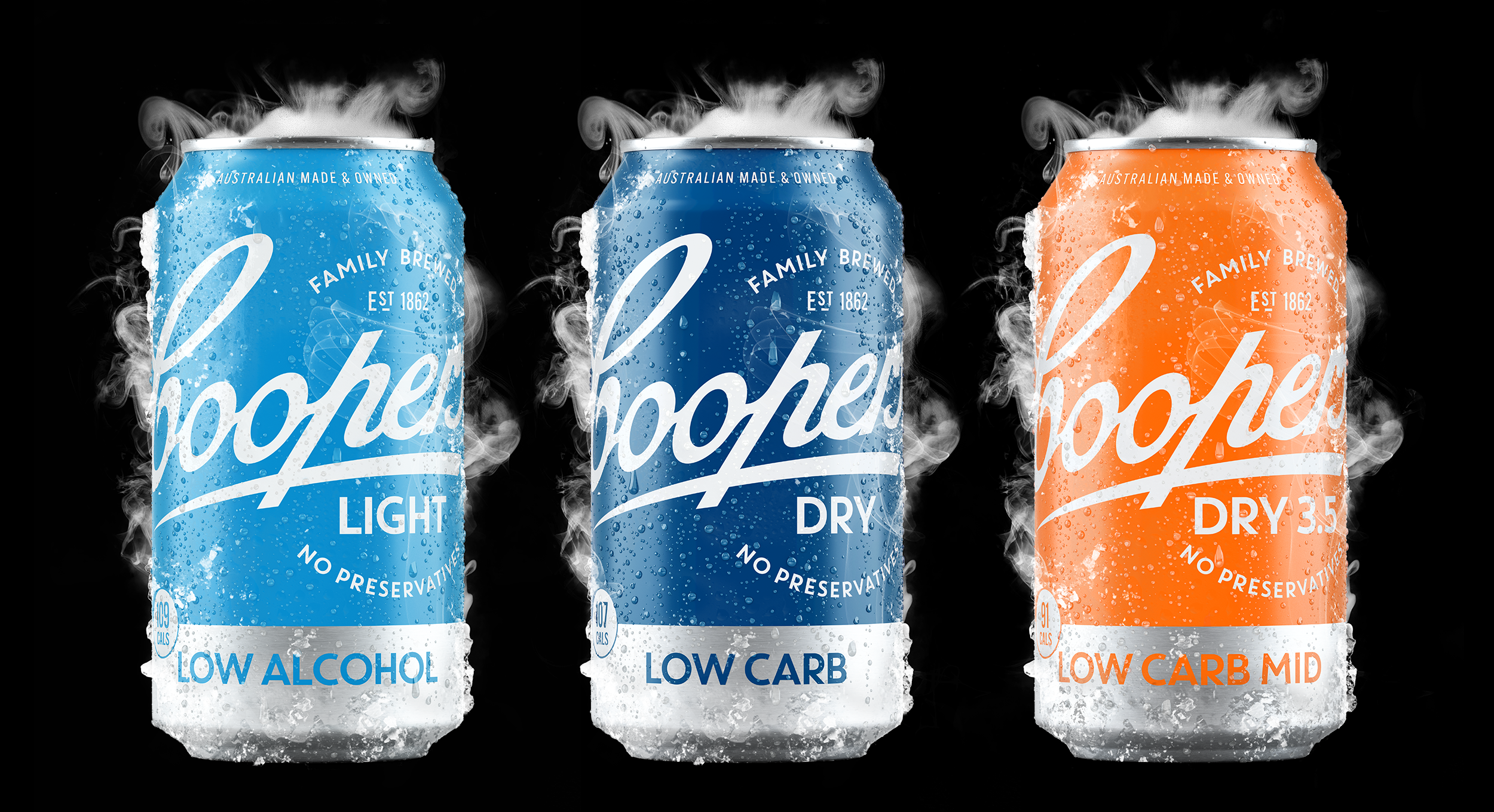 Three cans of Pola brand soft drinks with condensation on the surface, labeled as low alcohol, low carb, and low carb mid, with a black background and steam rising from the tops.
