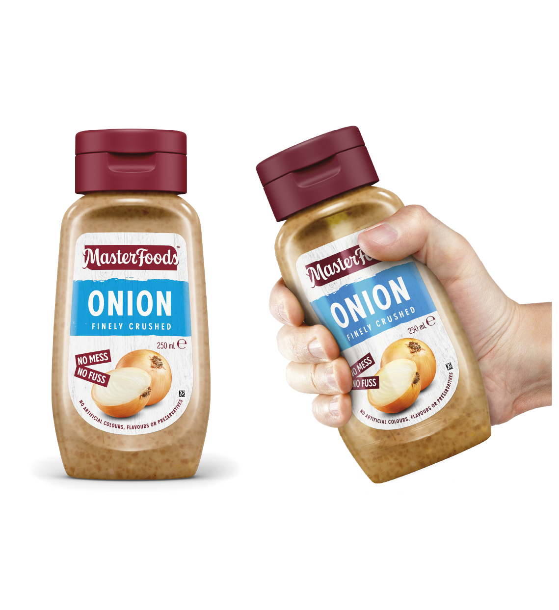 Two bottles of MasterFoods finely crushed onion, one held by hand and one standing upright. The labels show an onion illustration, red caps, and text indicating 'No mess, no fuss' and 'no artificial colors, flavors or preservatives'.
