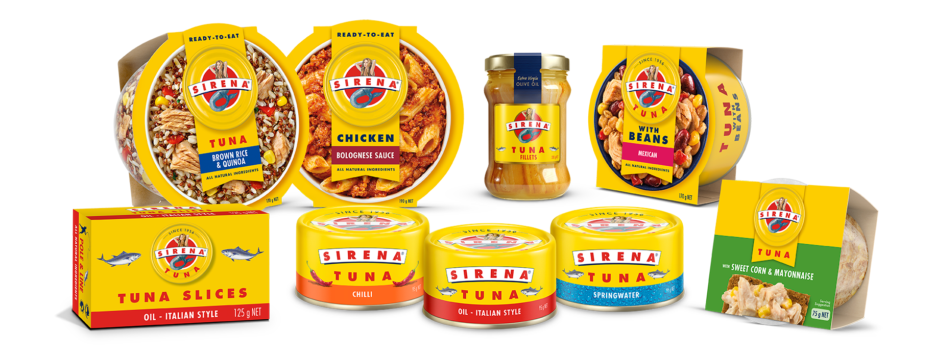 Assorted Sirena tuna products, including canned tuna in various flavors and styles, a jar of tuna fillets in olive oil, and ready-to-eat tuna meals.