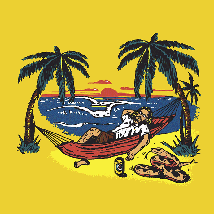 Person relaxing in a hammock between two palm trees on a beach at sunset, with a snake and a soda can nearby.