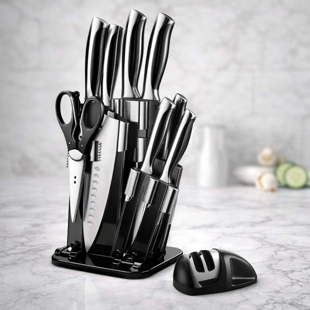 Sleek knife set on marble countertop.png