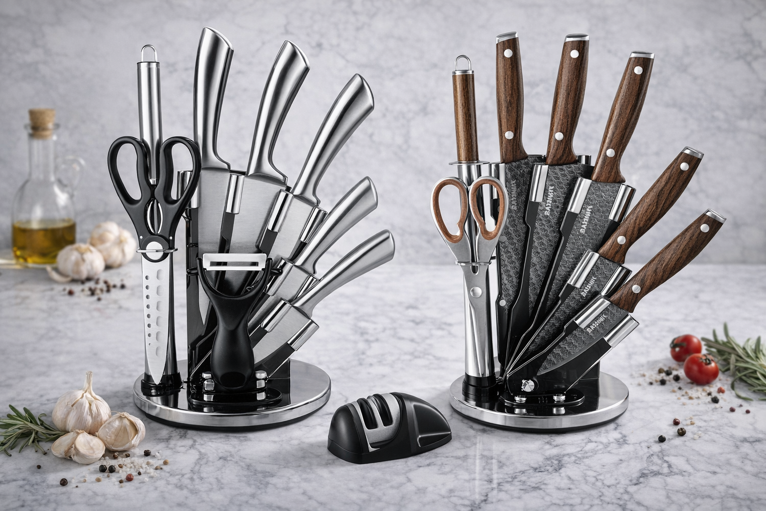 Elegant knife sets on marble countertop.png