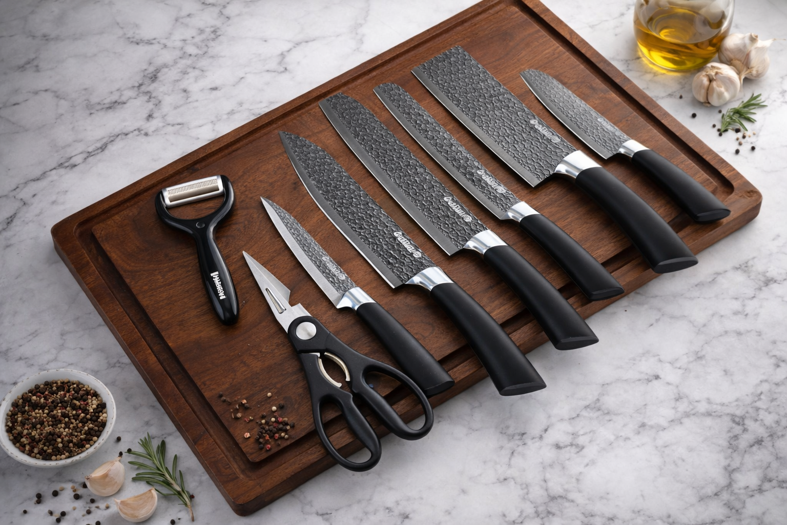 Elegant kitchen tools on a walnut board.png