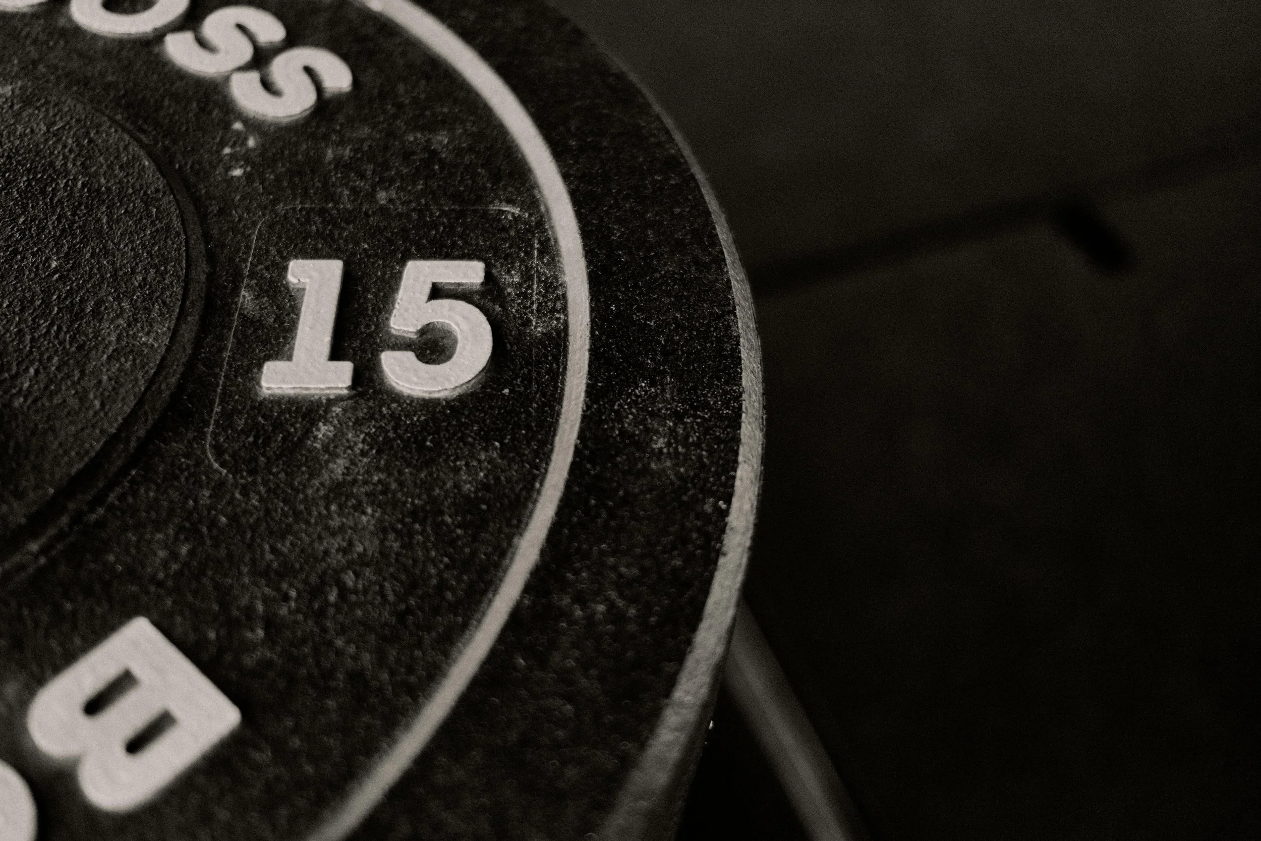 Close-up of a black object with white textured markings and the number '15' embossed on it.