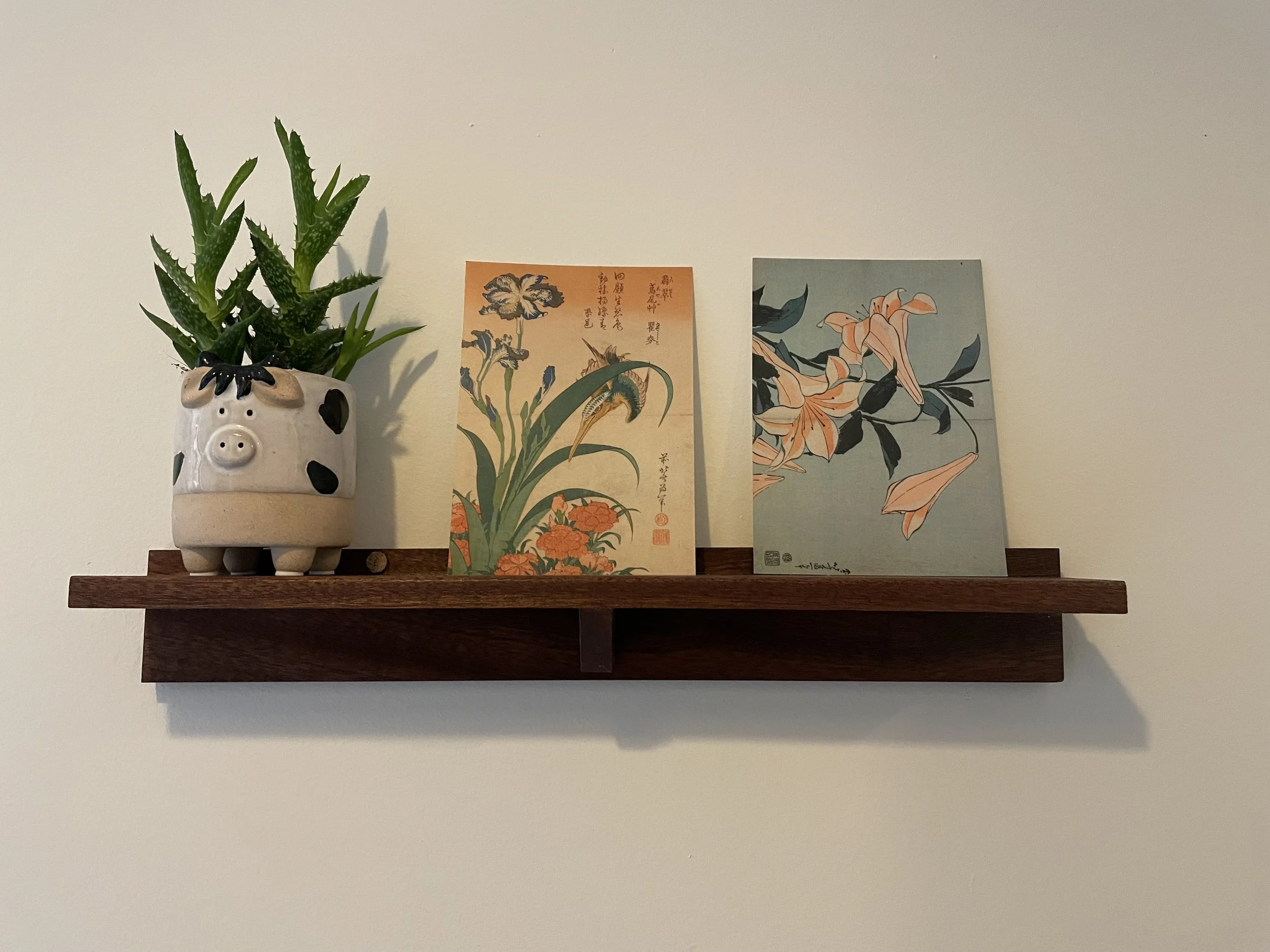 Wall-mounted wooden shelf with a decorative pig-shaped planter holding an aloe vera plant and two Asian-style art prints with floral and bird motifs.