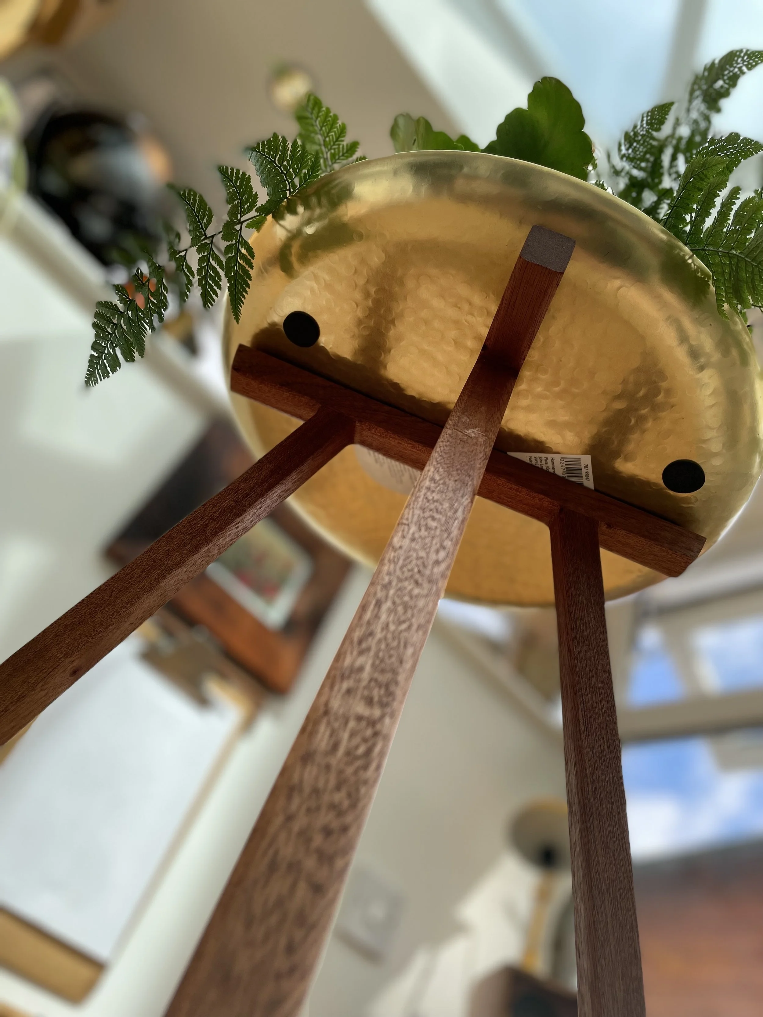 Top-down view of a small wooden table with a metal bowl, green fern leaves around it, and a blurred background of a room with light-colored walls and furniture.