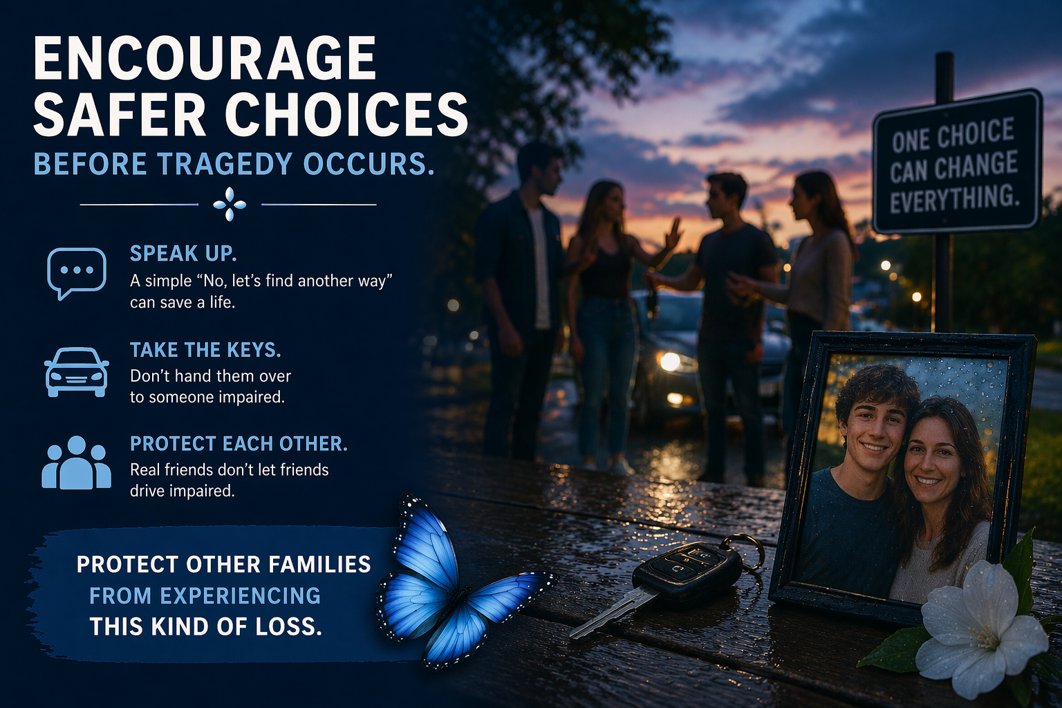 A group of people talking on a wet street during a rainy evening, with a framed photo of a young couple, car keys, and a flower in the foreground, and a sign that reads 'One choice can change everything'.