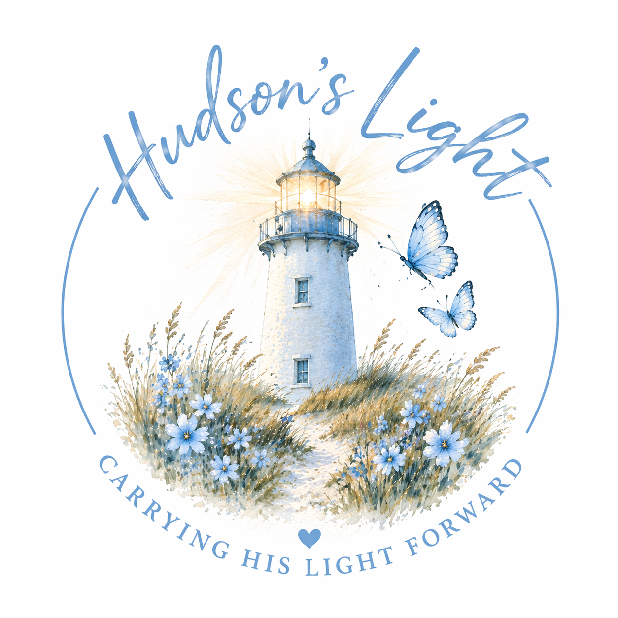 Illustration of a lighthouse on a grassy hill with flowers and butterflies, with the text 'Hudson's Light' at the top and 'Carrying His Light Forward' at the bottom.
