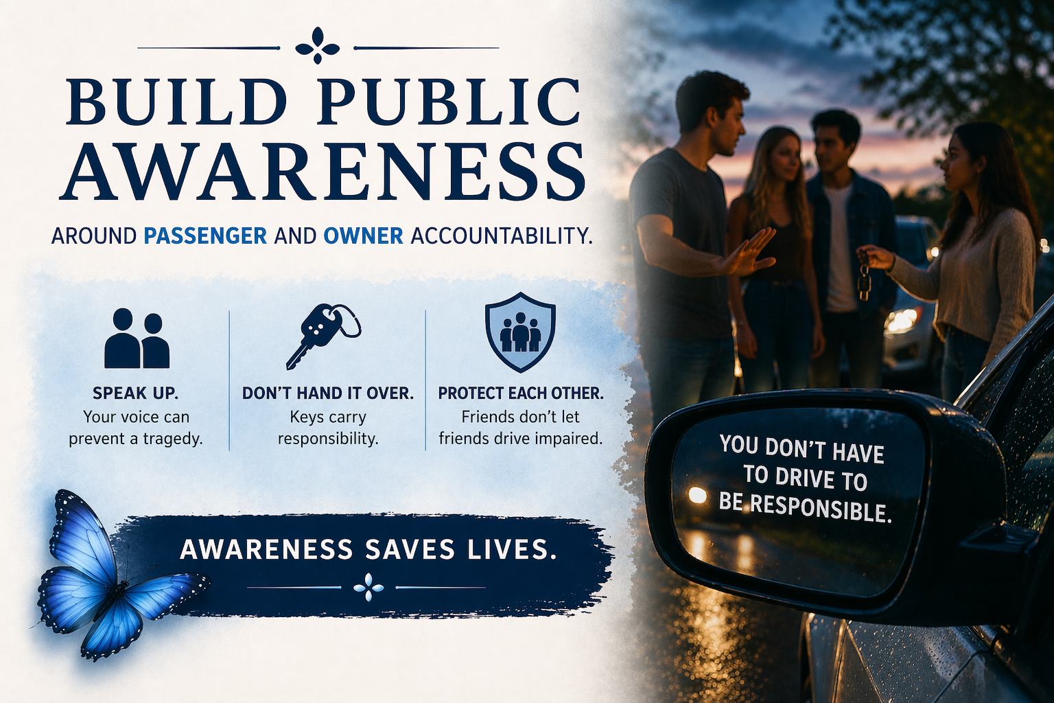 A safety awareness poster emphasizing responsibility around passengers and vehicle ownership. The poster includes icons and advice: speaking up to prevent tragedies, not handing over keys to responsible drivers, and protecting friends from impaired driving. The message 'Awareness saves lives' is highlighted with a blue butterfly graphic. On the right, a photo shows people talking by a car at dusk, with a side mirror displaying the message 'You don't have to drive to be responsible.'