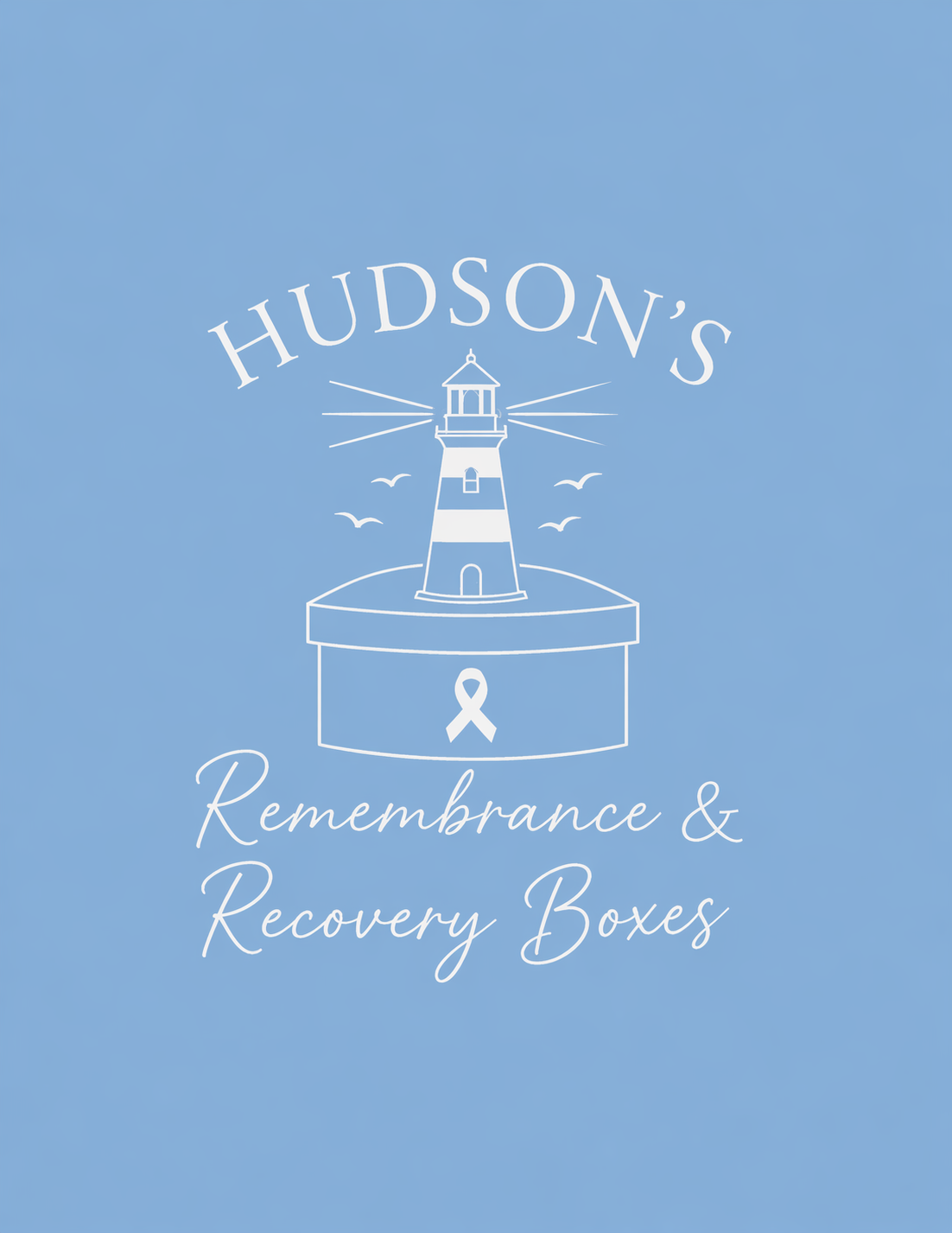 Blue logo with a lighthouse illustration, the text 'Hudson's' above, and 'Remembrance & Recovery Boxes' below.