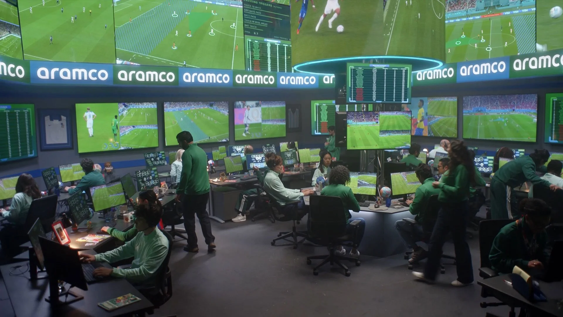 A control room filled with multiple monitors displaying live soccer match footage and statistics. Several people are working at desks with computers, and a large digital scoreboard is visible above.